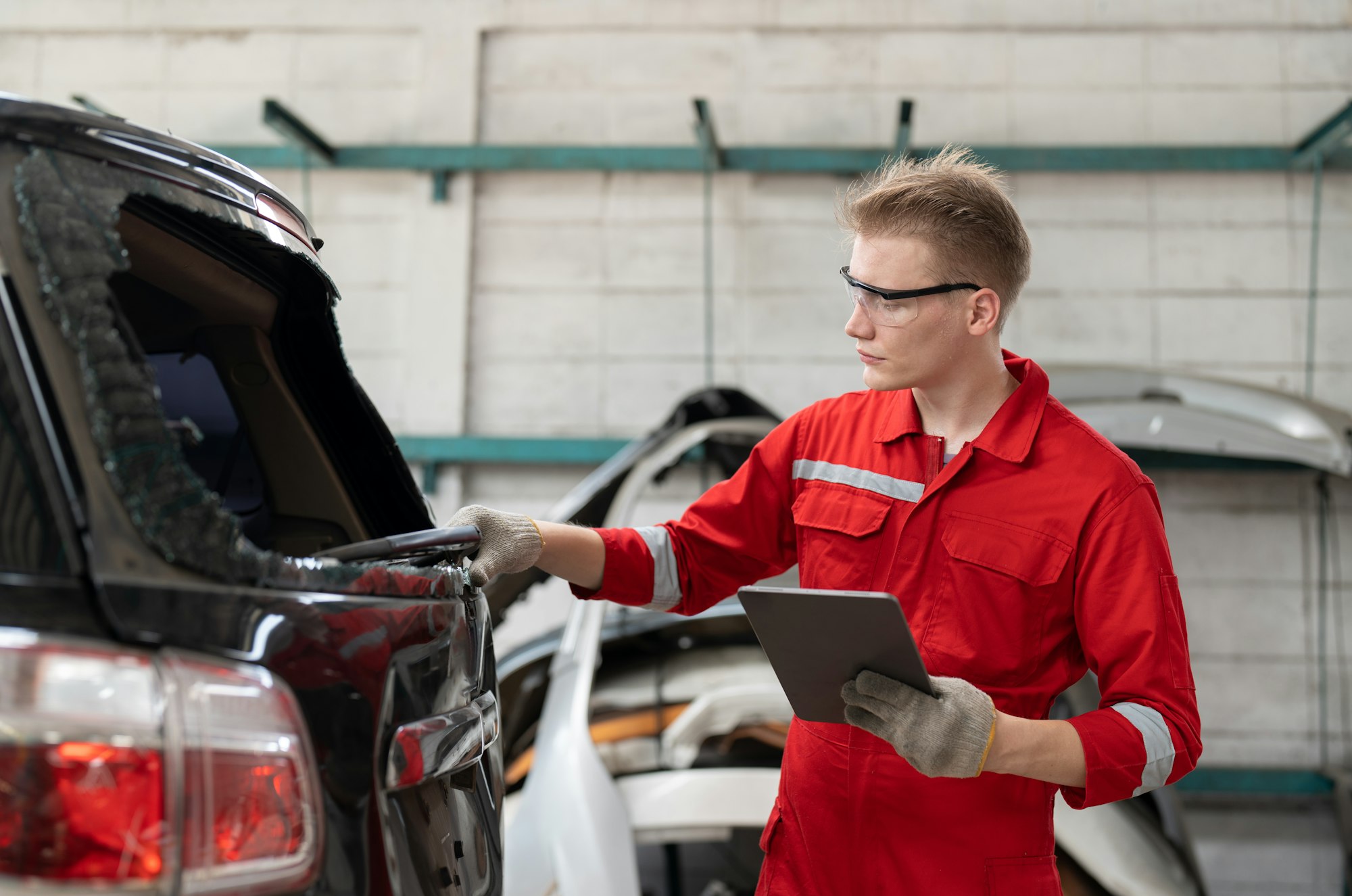 Car mechanic man using tablet checking rear window broken of car at garage auto service